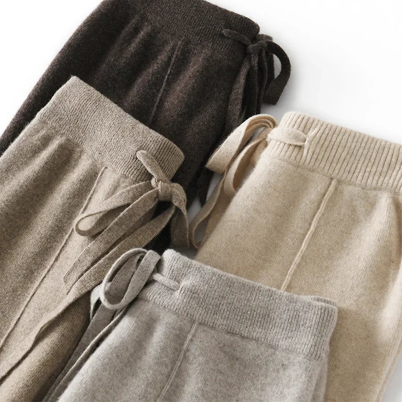 Women's Casual Knitted Woolen Trousers Floor-Length Drapey Waist Autumn Winter High-Waisted Wide Leg Knitwear Pants