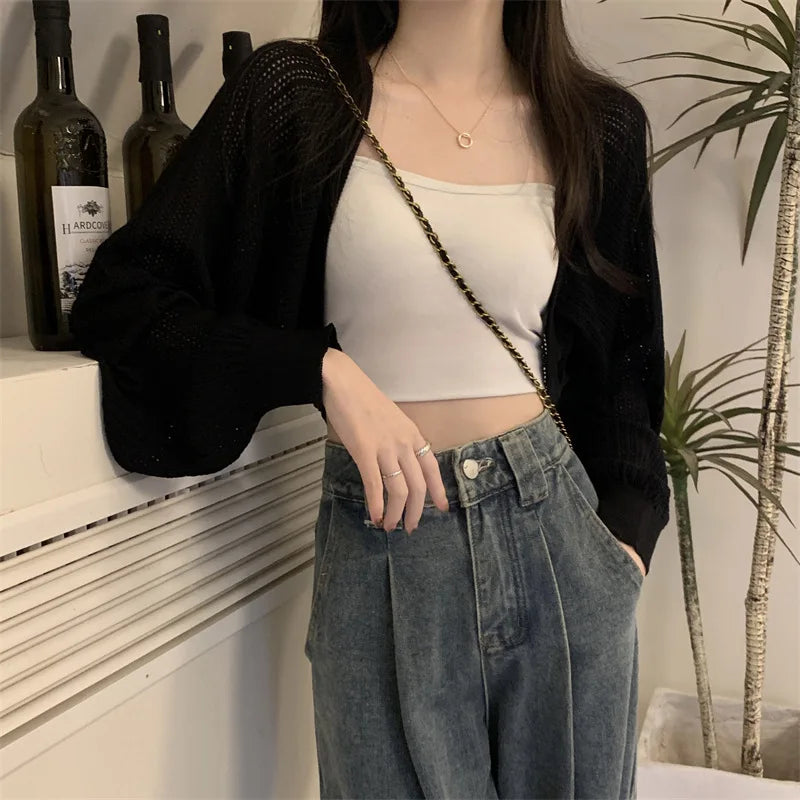 French Ice Silk Knitted Sun-Proof Cardigan Top Women's Summer Thin Jacket Waistcoat Suspender Skirt Shawl Outer Match Blouse