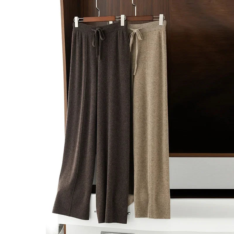 Women's Casual Knitted Woolen Trousers Floor-Length Drapey Waist Autumn Winter High-Waisted Wide Leg Knitwear Pants