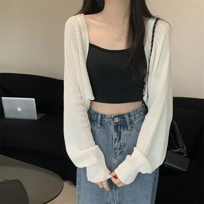 French Ice Silk Knitted Sun-Proof Cardigan Top Women's Summer Thin Jacket Waistcoat Suspender Skirt Shawl Outer Match Blouse