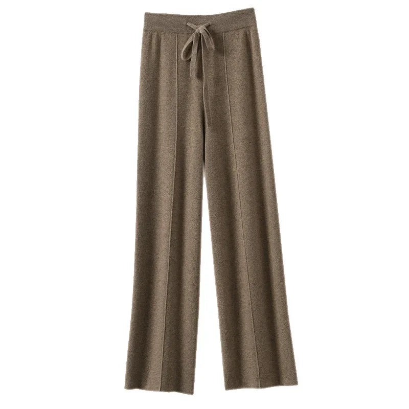 Women's Casual Knitted Woolen Trousers Floor-Length Drapey Waist Autumn Winter High-Waisted Wide Leg Knitwear Pants