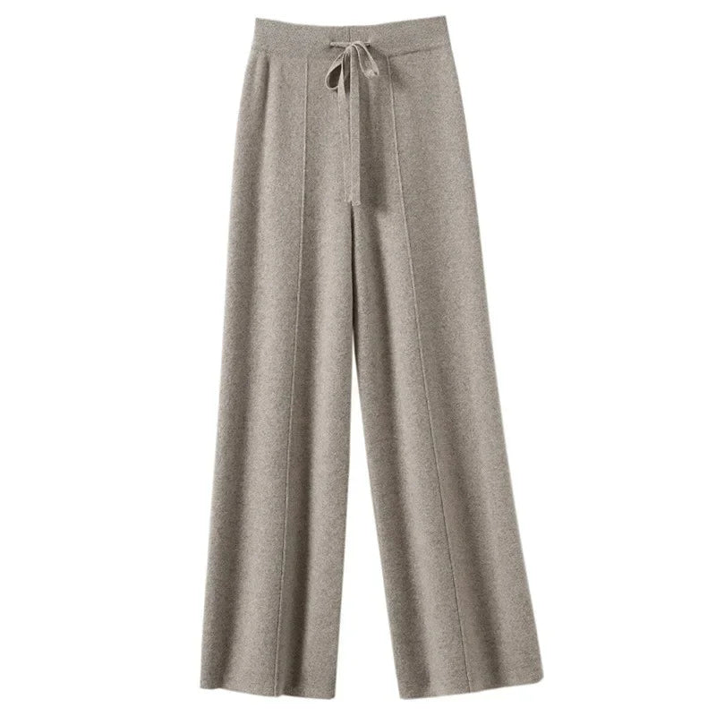 Women's Casual Knitted Woolen Trousers Floor-Length Drapey Waist Autumn Winter High-Waisted Wide Leg Knitwear Pants